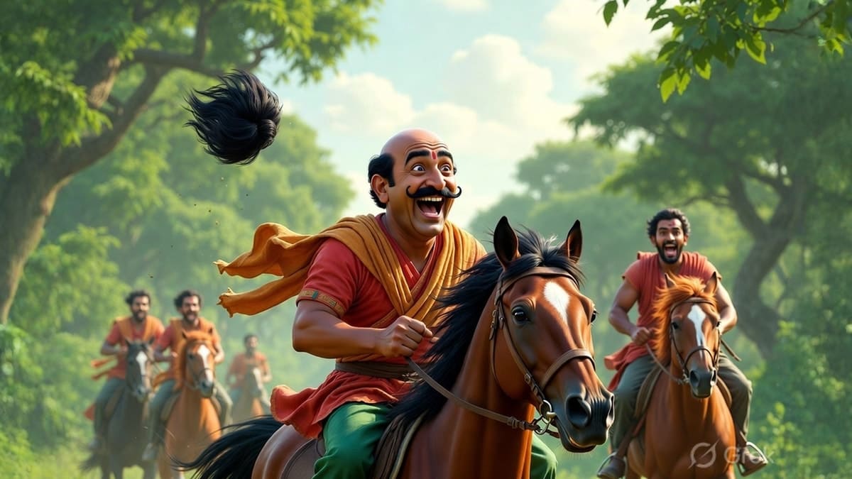 A cheerful Sardar riding a horse in the countryside