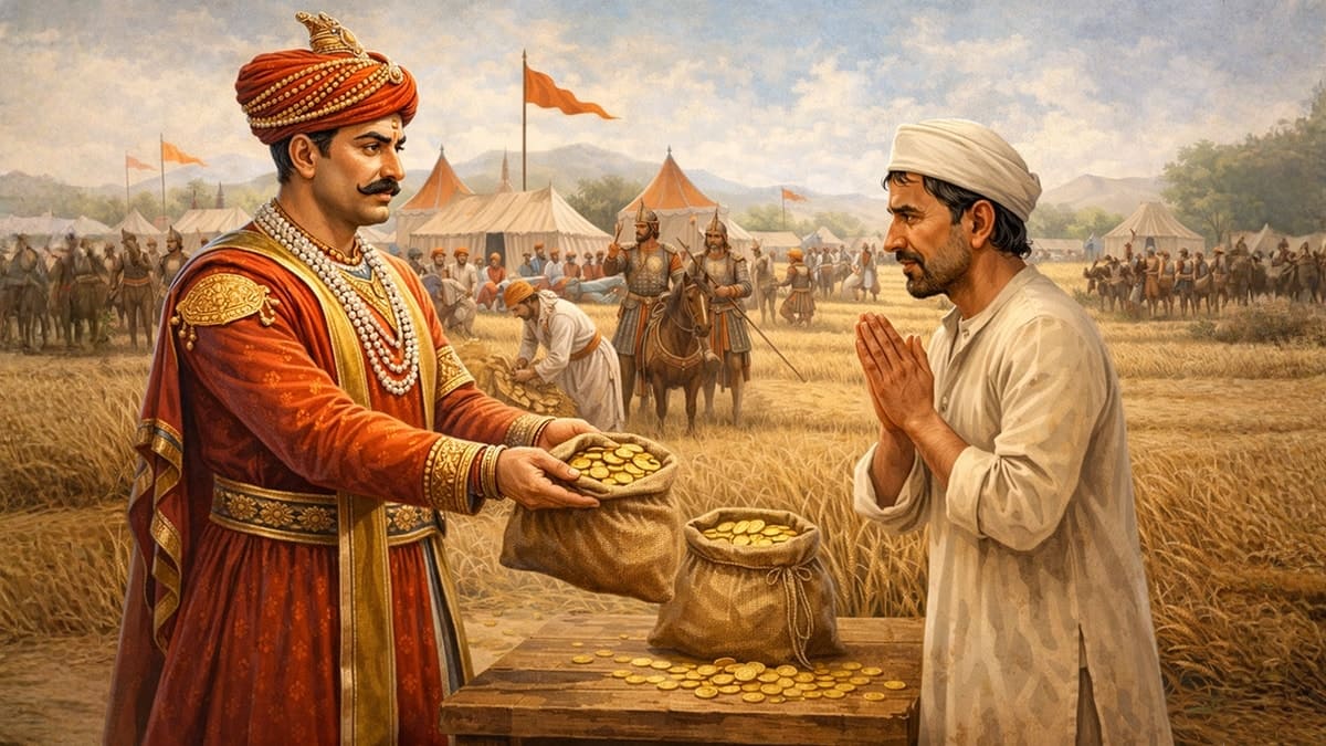 A Maratha commander on horseback accompanied by soldiers, arriving at a farmer's field in Malwa