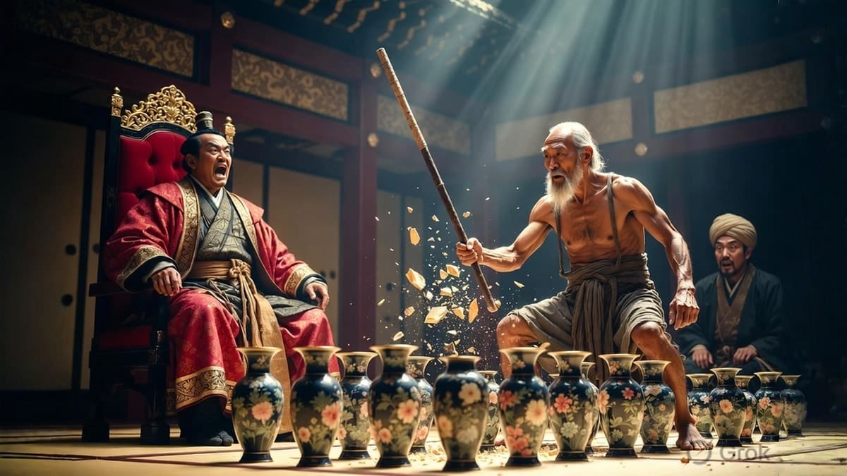 An emperor stands in his royal court surrounded by beautiful vases while a wise old man faces him bravely