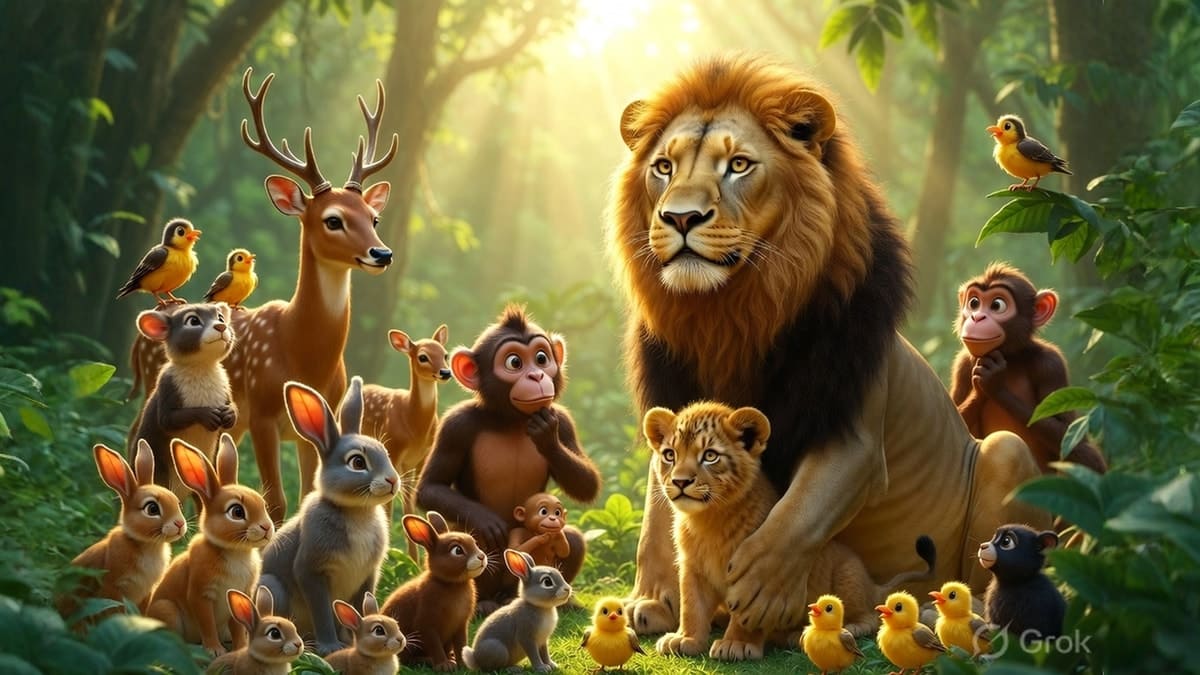 A mother lion with her cub in the forest, surrounded by other animals