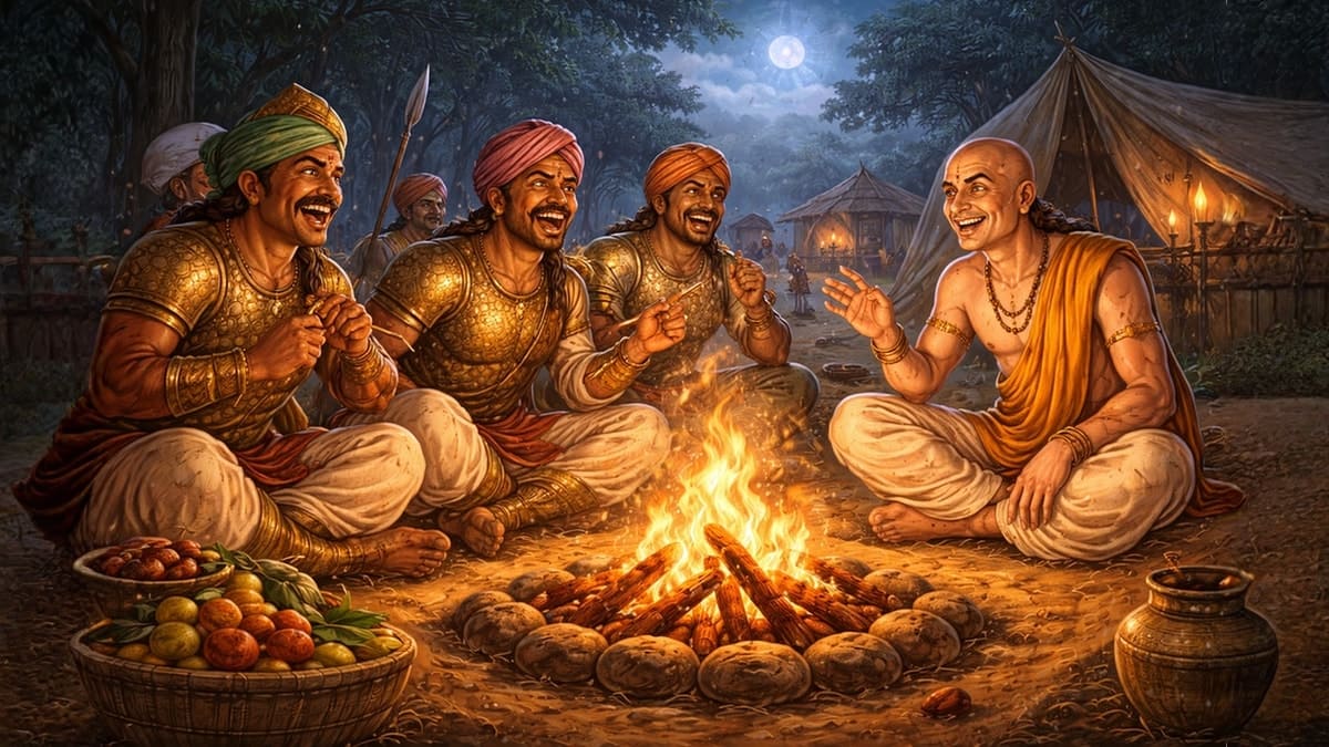 Tenali Raman sitting by a fire with soldiers at night