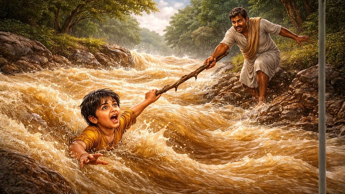 A young boy swimming in a flooded river during the monsoon season